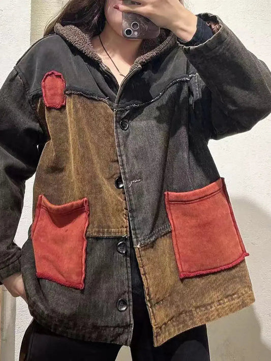 Spliced Cotton Fleece-lined Hooded Coat