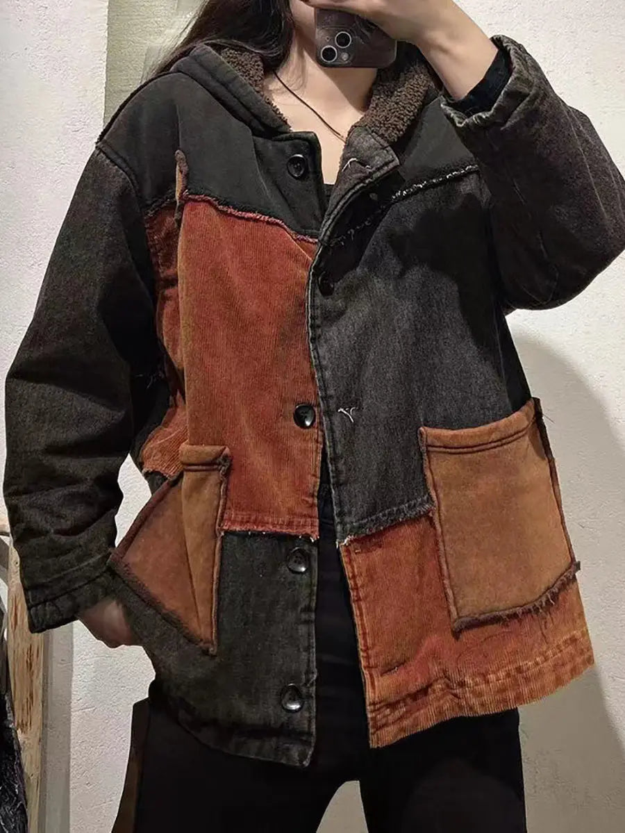 Spliced Cotton Fleece-lined Hooded Coat