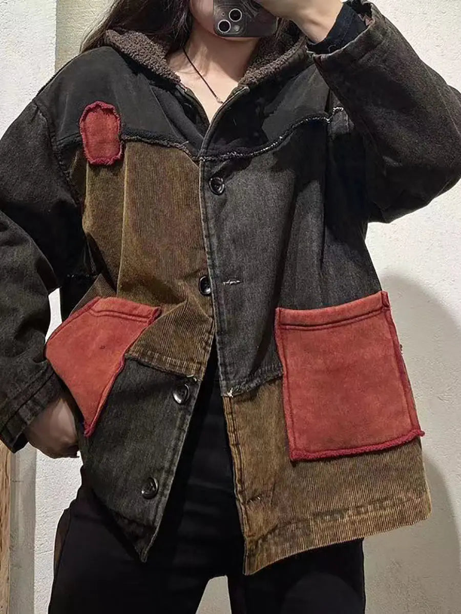 Spliced Cotton Fleece-lined Hooded Coat