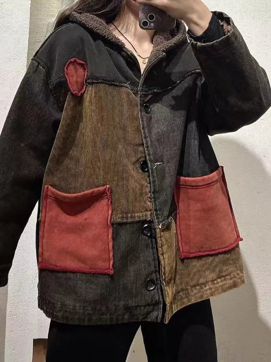 Spliced Cotton Fleece-lined Hooded Coat