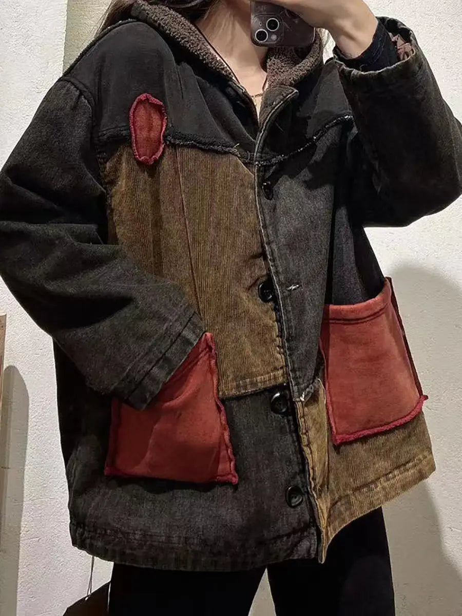 Spliced Cotton Fleece-lined Hooded Coat