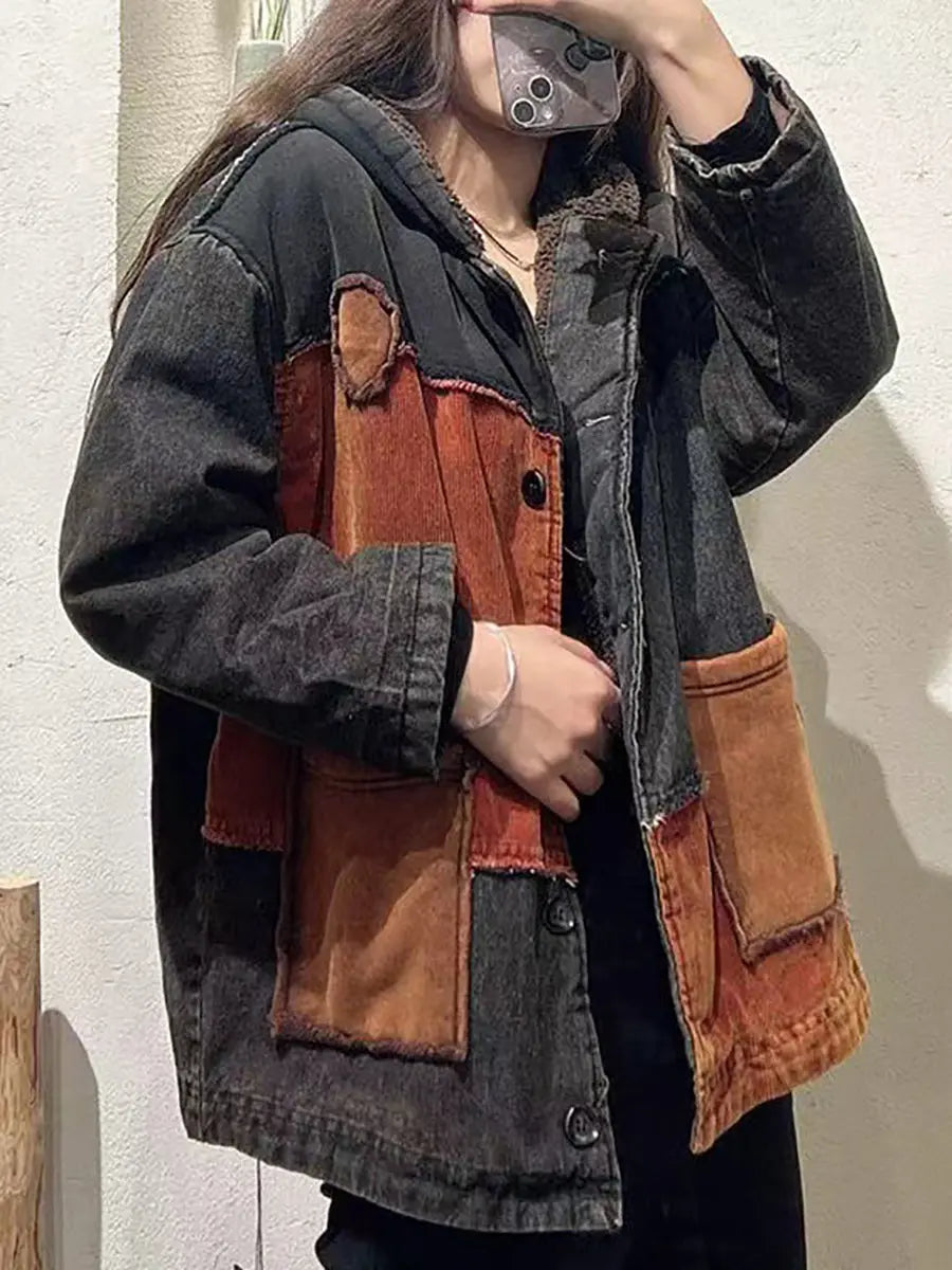 Spliced Cotton Fleece-lined Hooded Coat