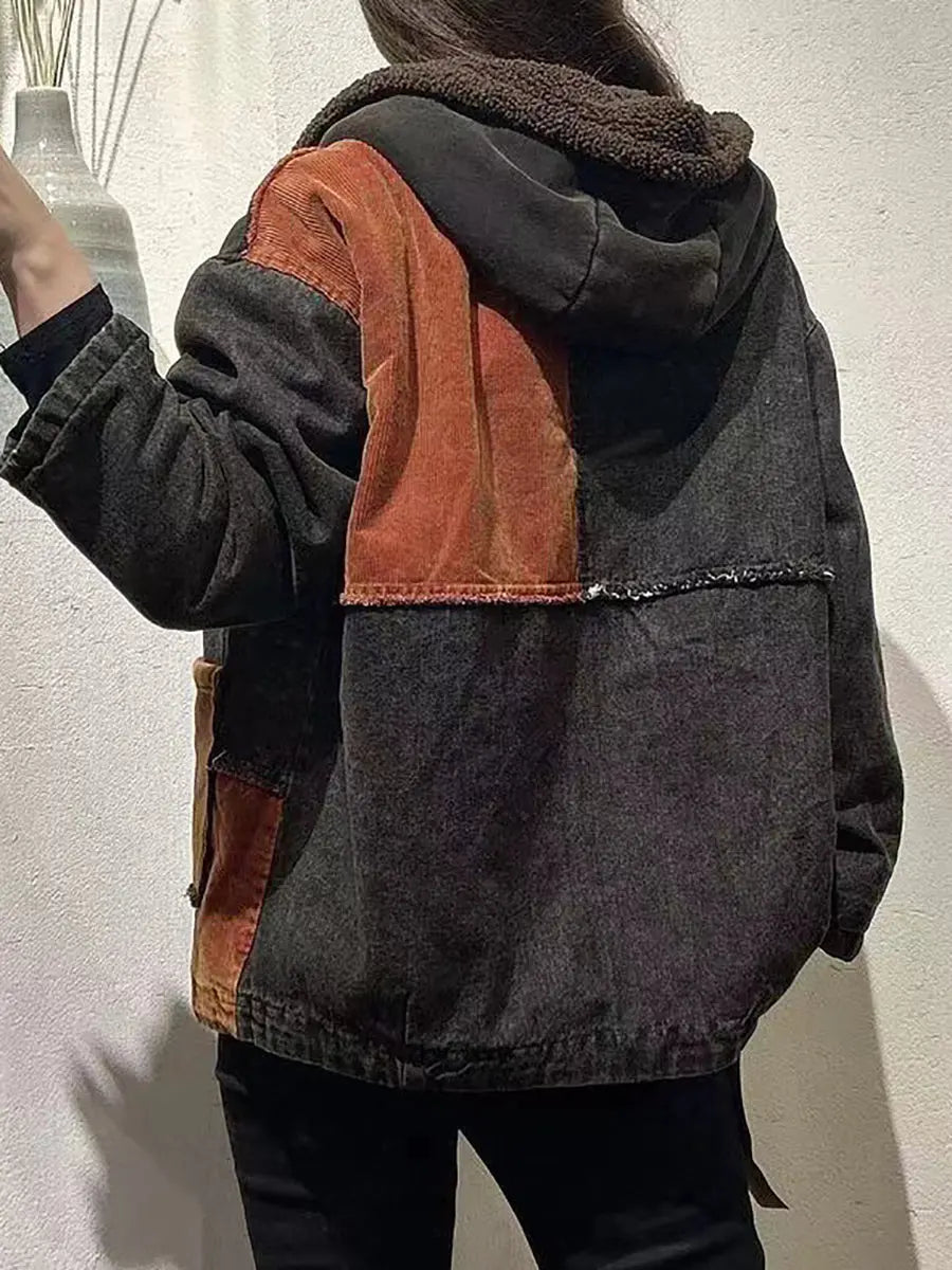 Spliced Cotton Fleece-lined Hooded Coat