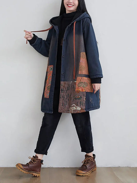 Spliced Denim Hooded Padded Coat