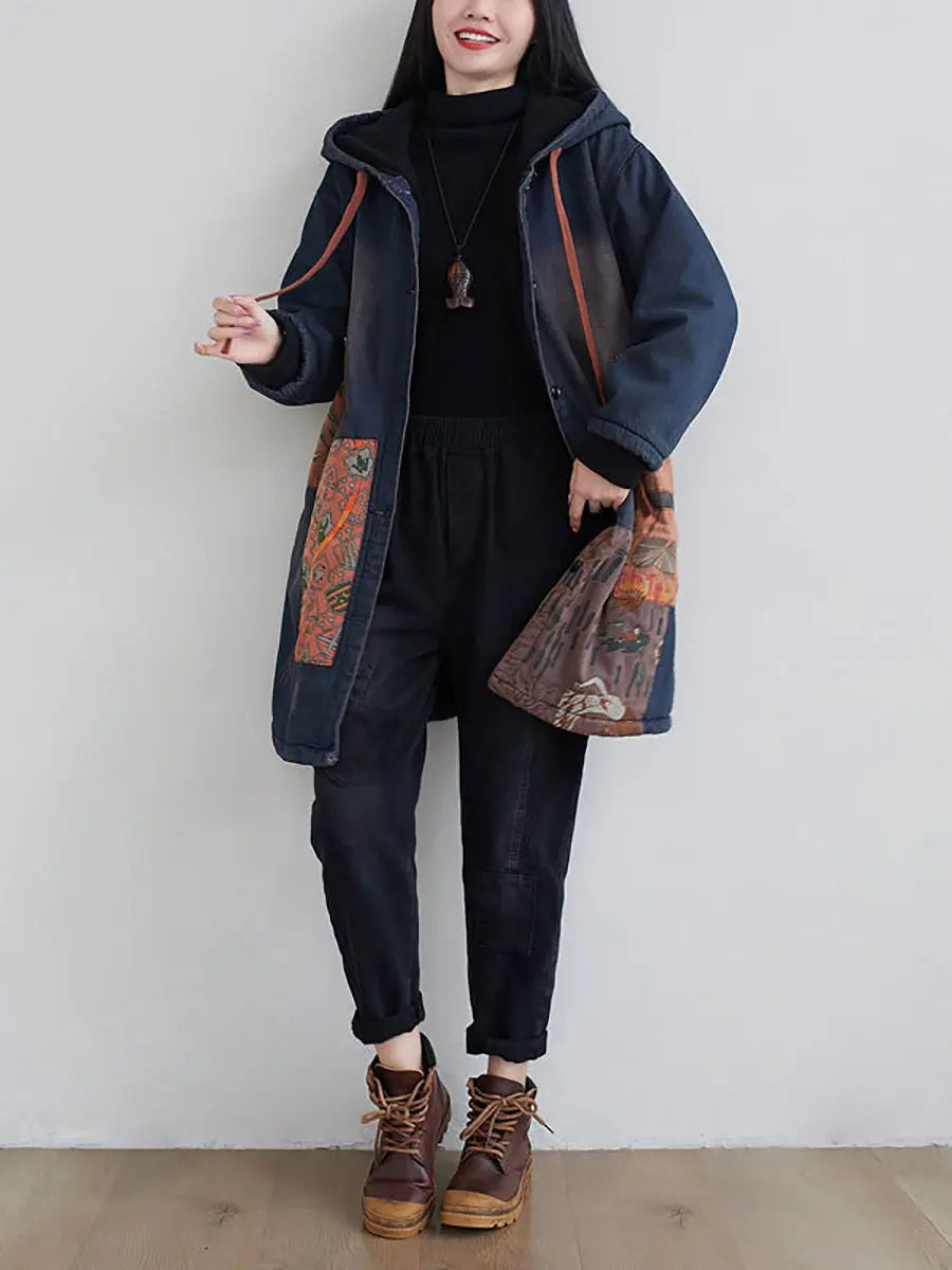 Spliced Denim Hooded Padded Coat