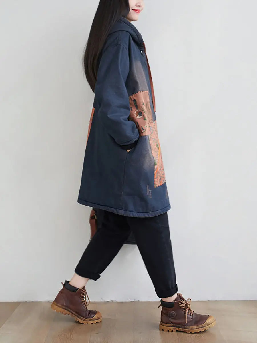 Spliced Denim Hooded Padded Coat