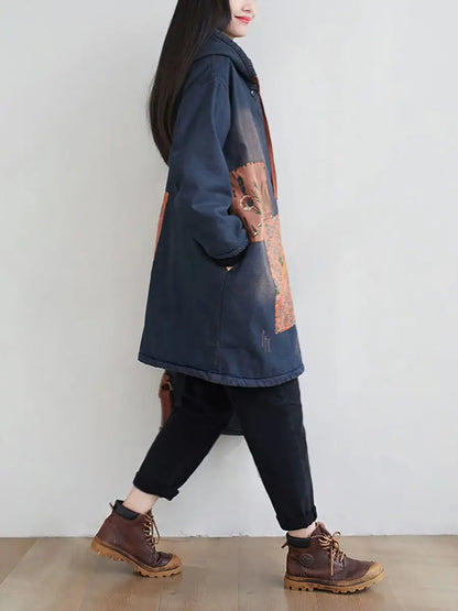 Spliced Denim Hooded Padded Coat