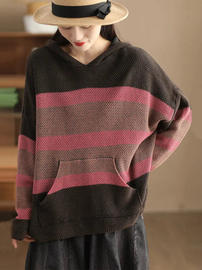 Spliced Knitted Hooded Sweater