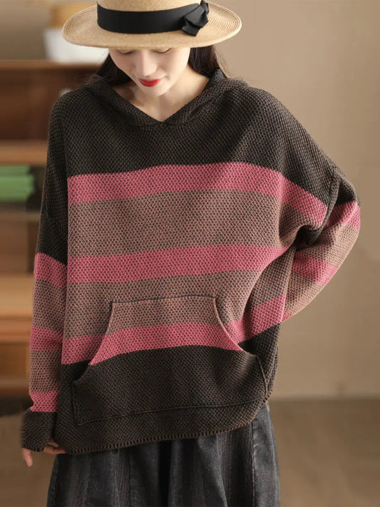 Spliced Knitted Hooded Sweater
