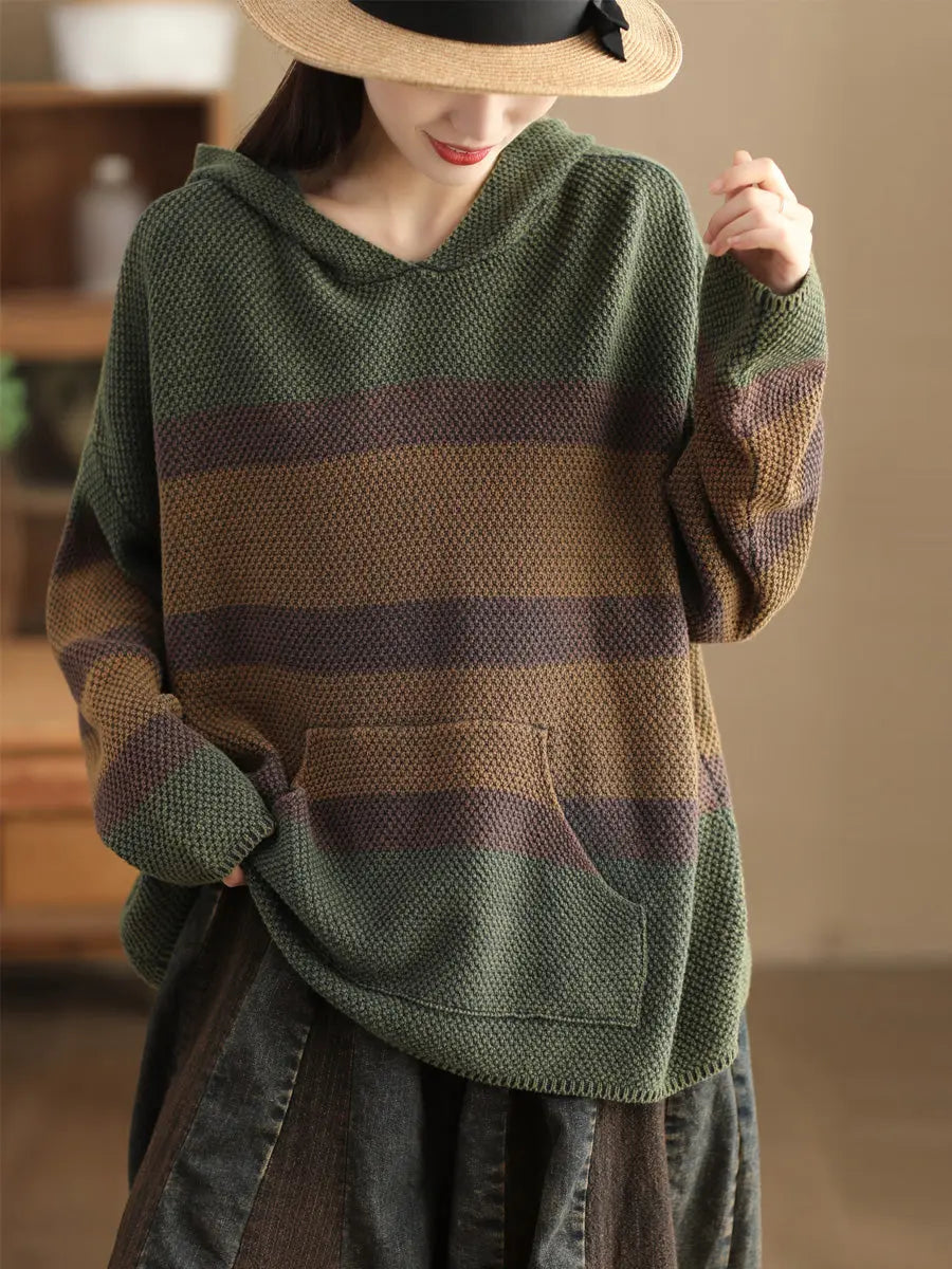 Spliced Knitted Hooded Sweater