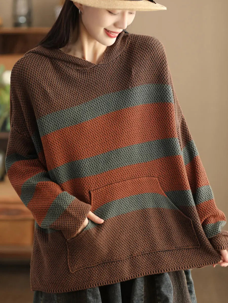 Spliced Knitted Hooded Sweater