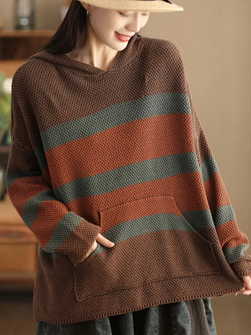Spliced Knitted Hooded Sweater