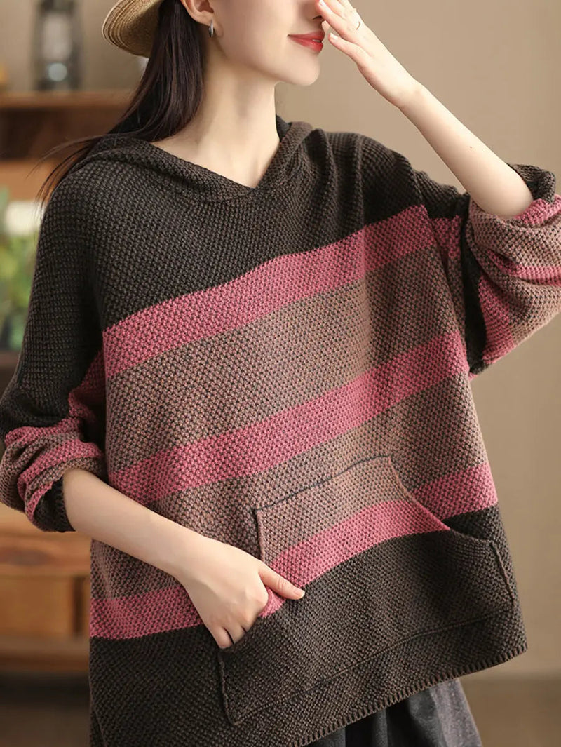 Spliced Knitted Hooded Sweater