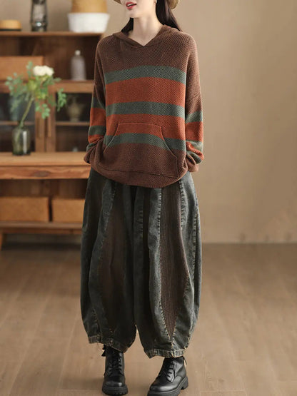 Spliced Knitted Hooded Sweater