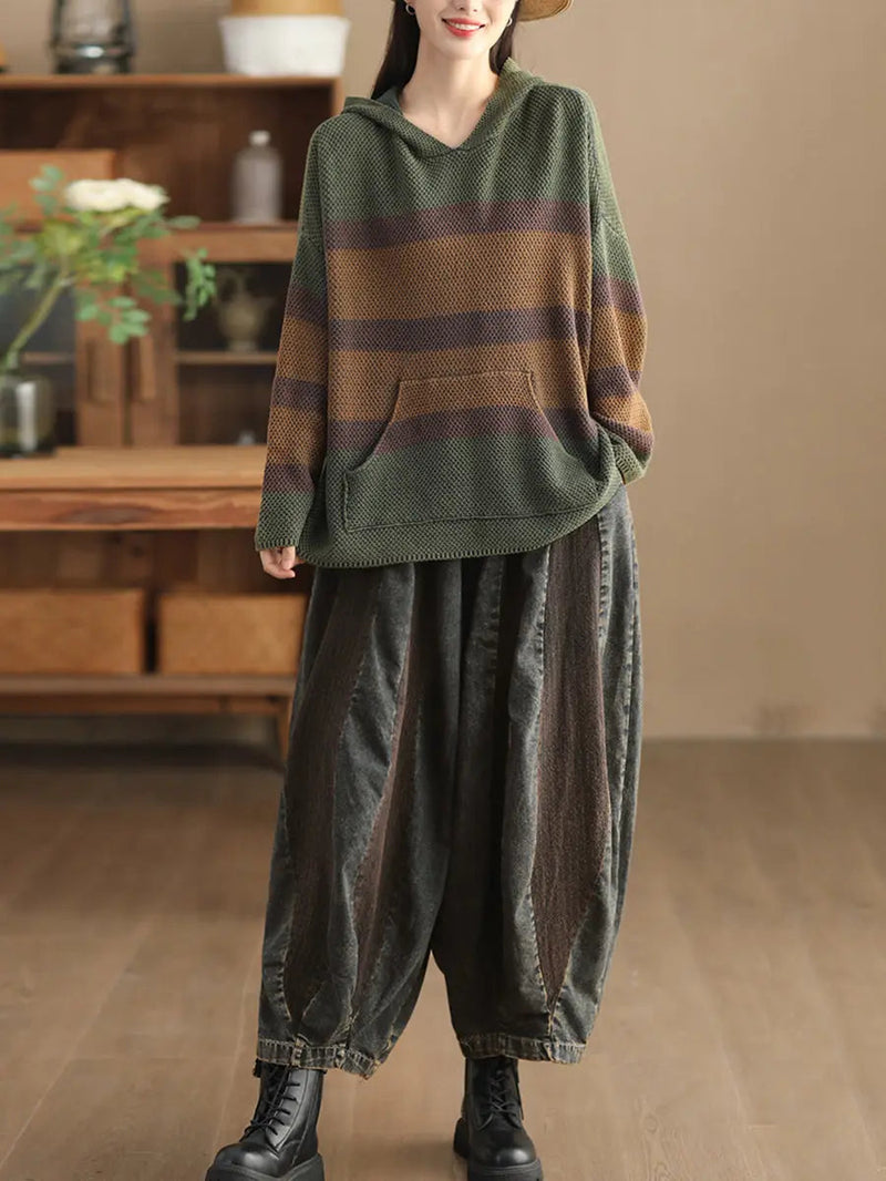 Spliced Knitted Hooded Sweater