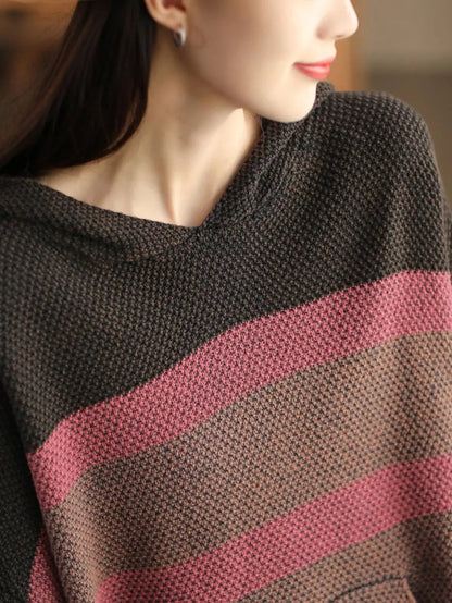 Spliced Knitted Hooded Sweater