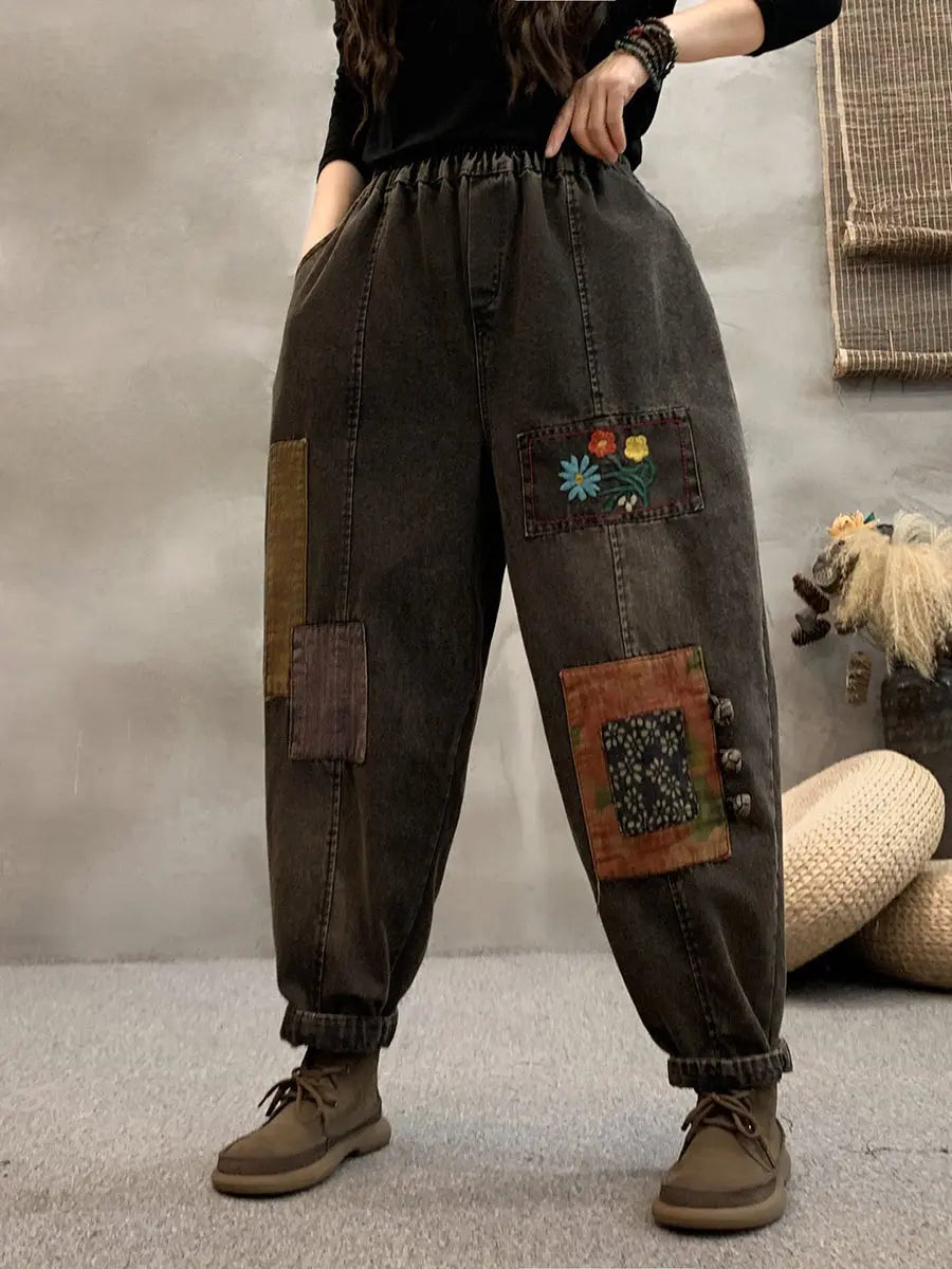 Patch Denim Harem Pants