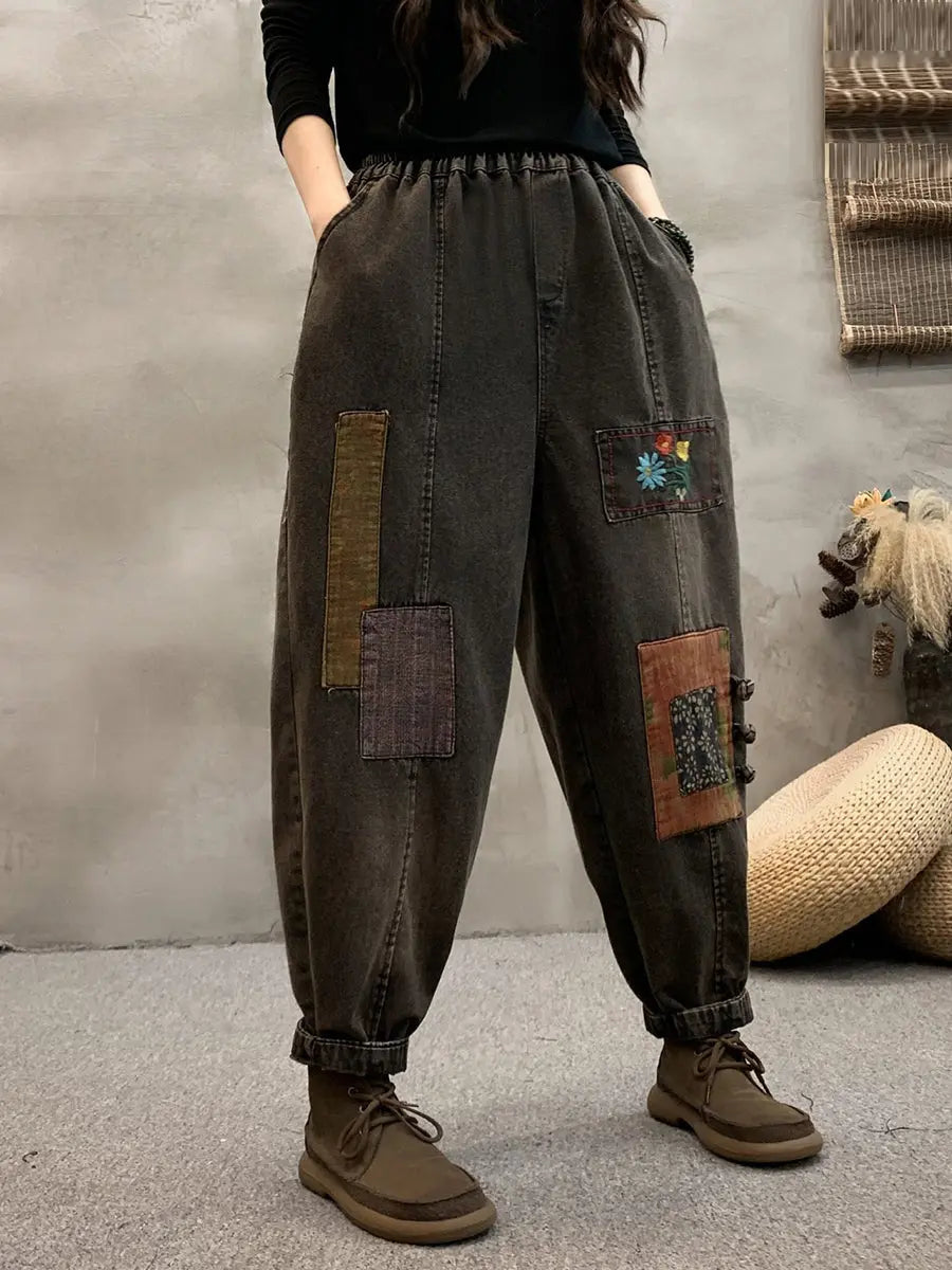 Patch Denim Harem Pants