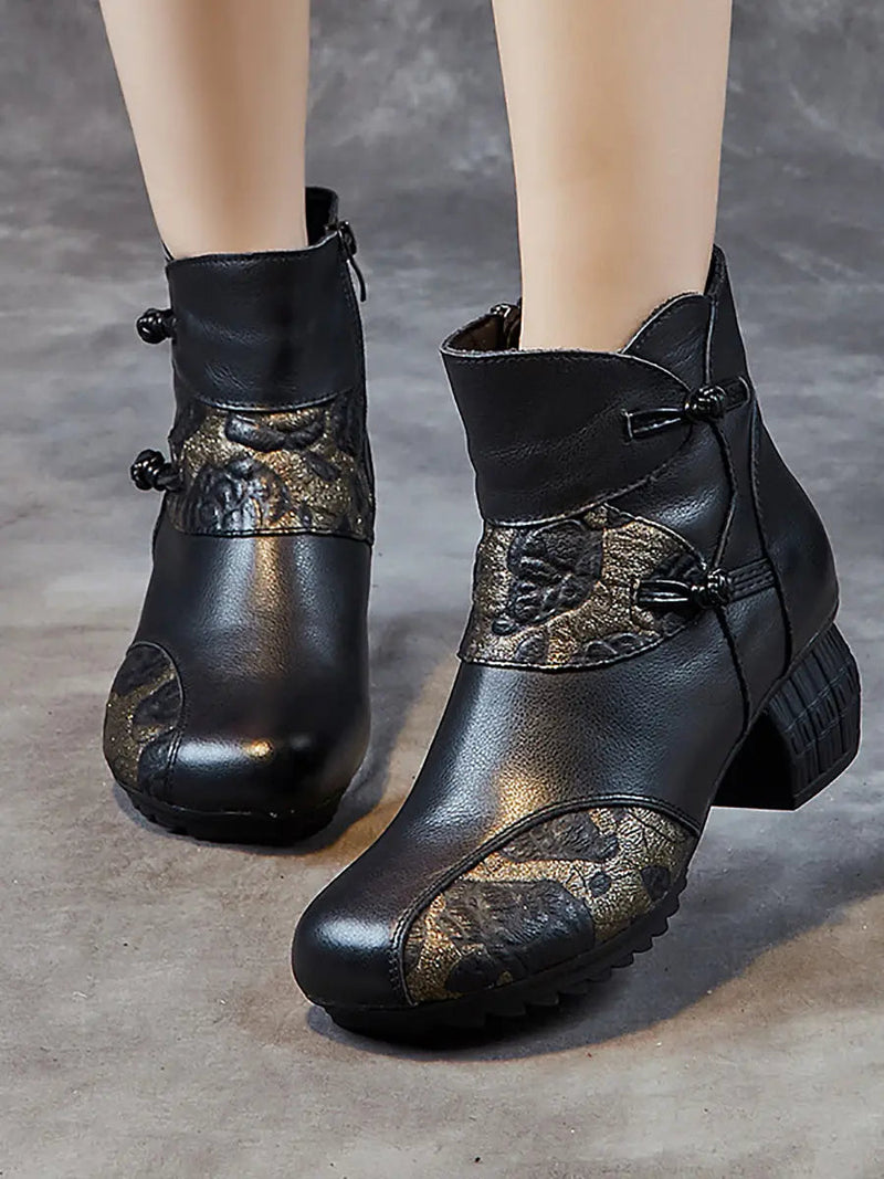 Leather Flower Spliced Ankle Boots