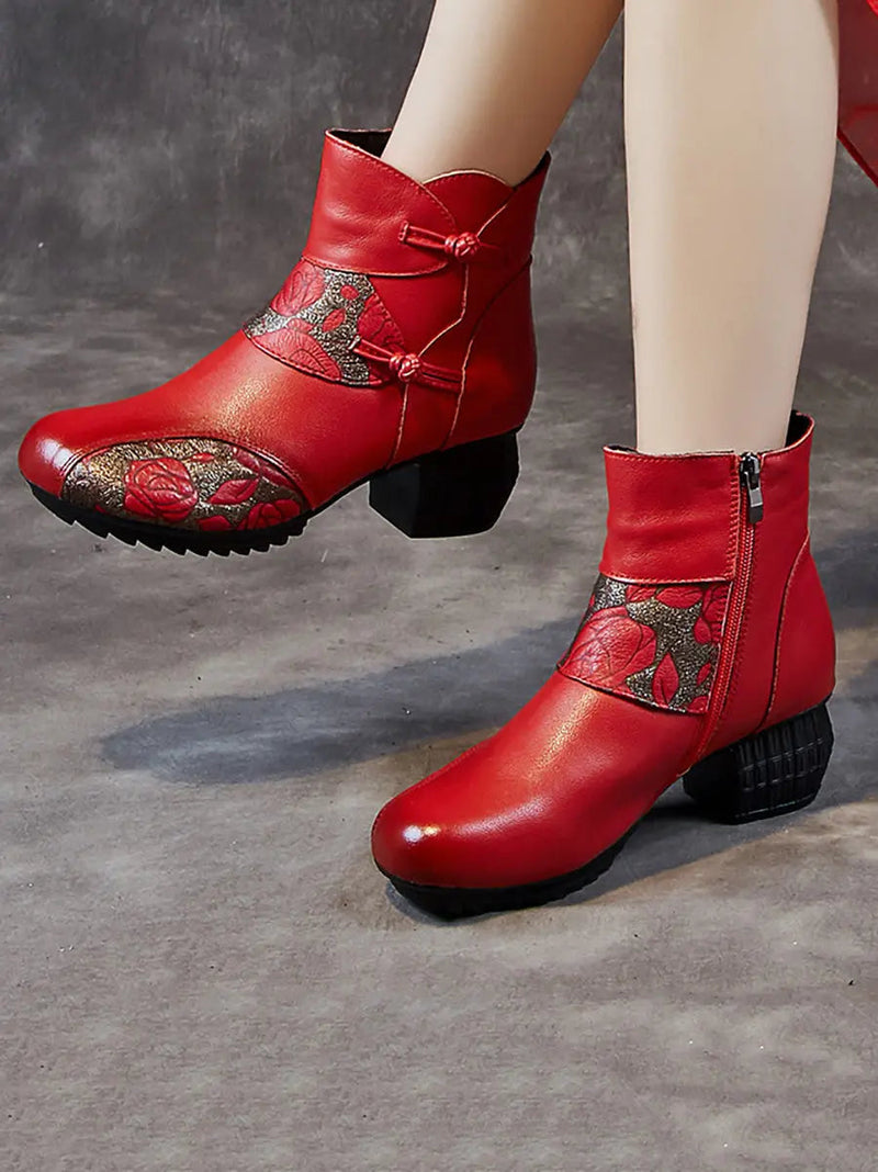 Leather Flower Spliced Ankle Boots