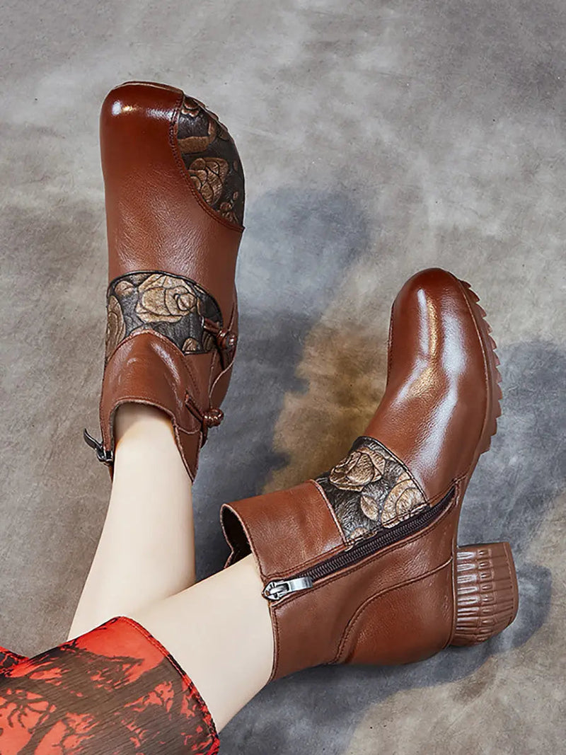 Leather Flower Spliced Ankle Boots