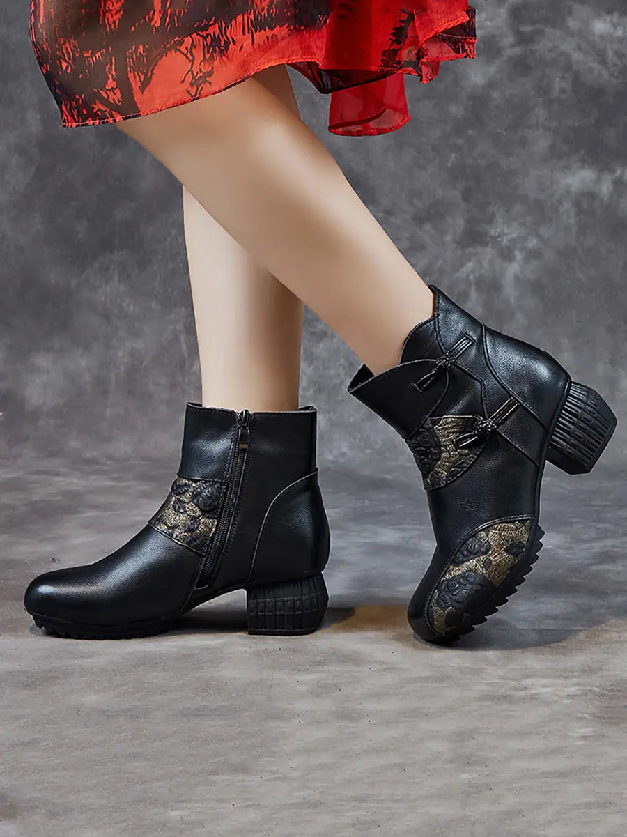 Leather Flower Spliced Ankle Boots