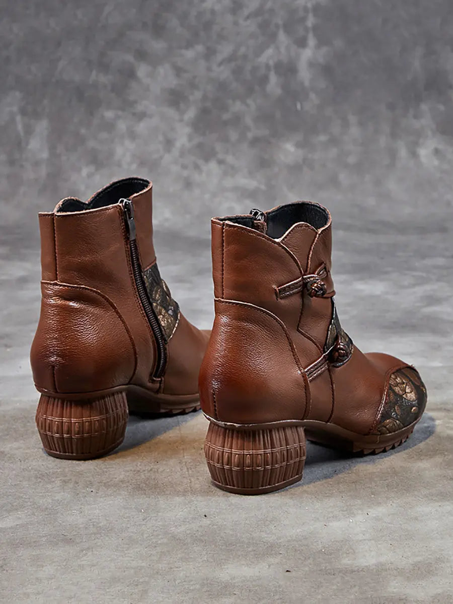 Leather Flower Spliced Ankle Boots