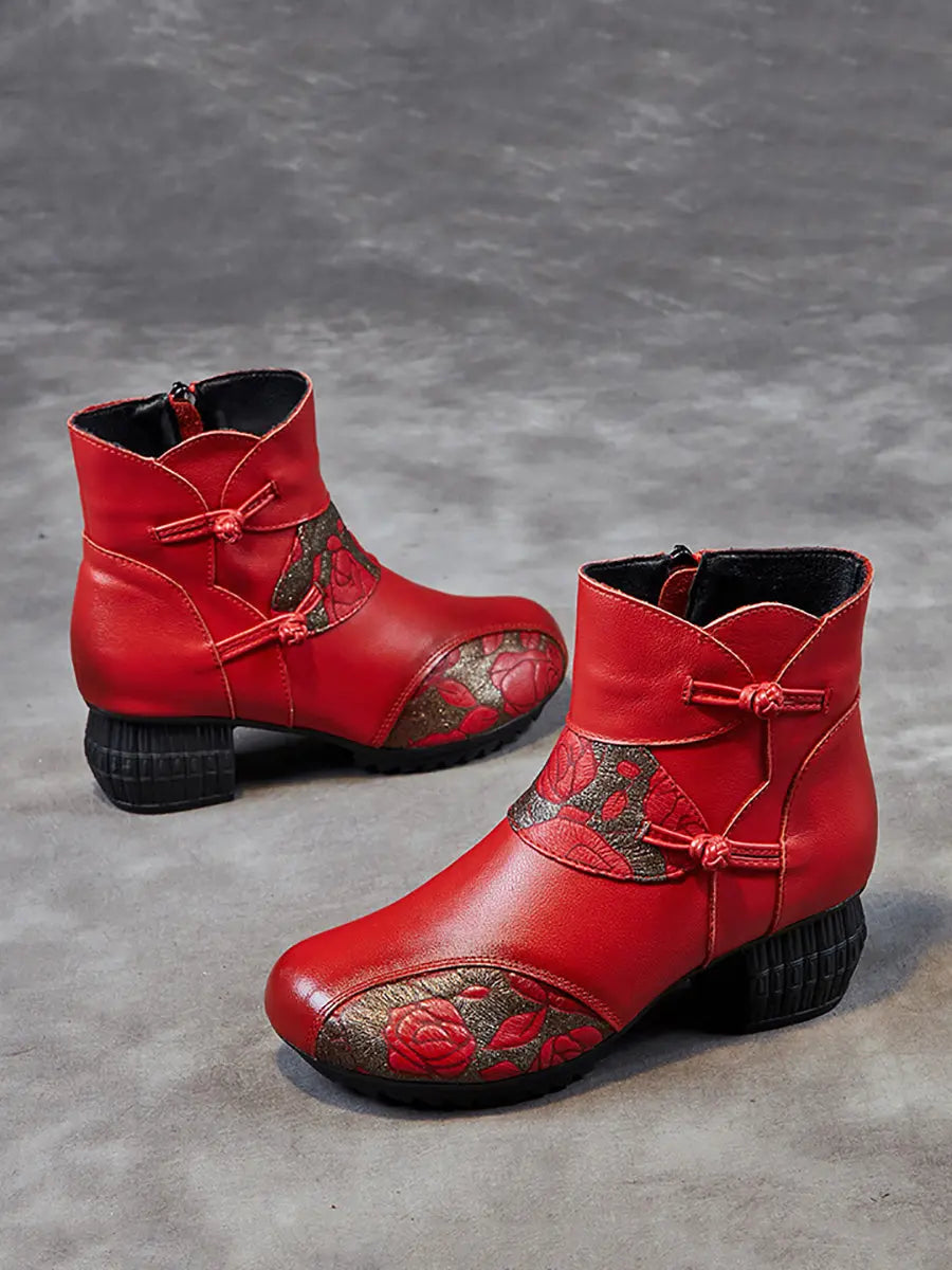 Leather Flower Spliced Ankle Boots
