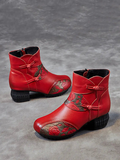 Leather Flower Spliced Ankle Boots