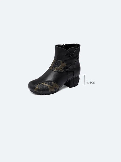 Leather Flower Spliced Ankle Boots
