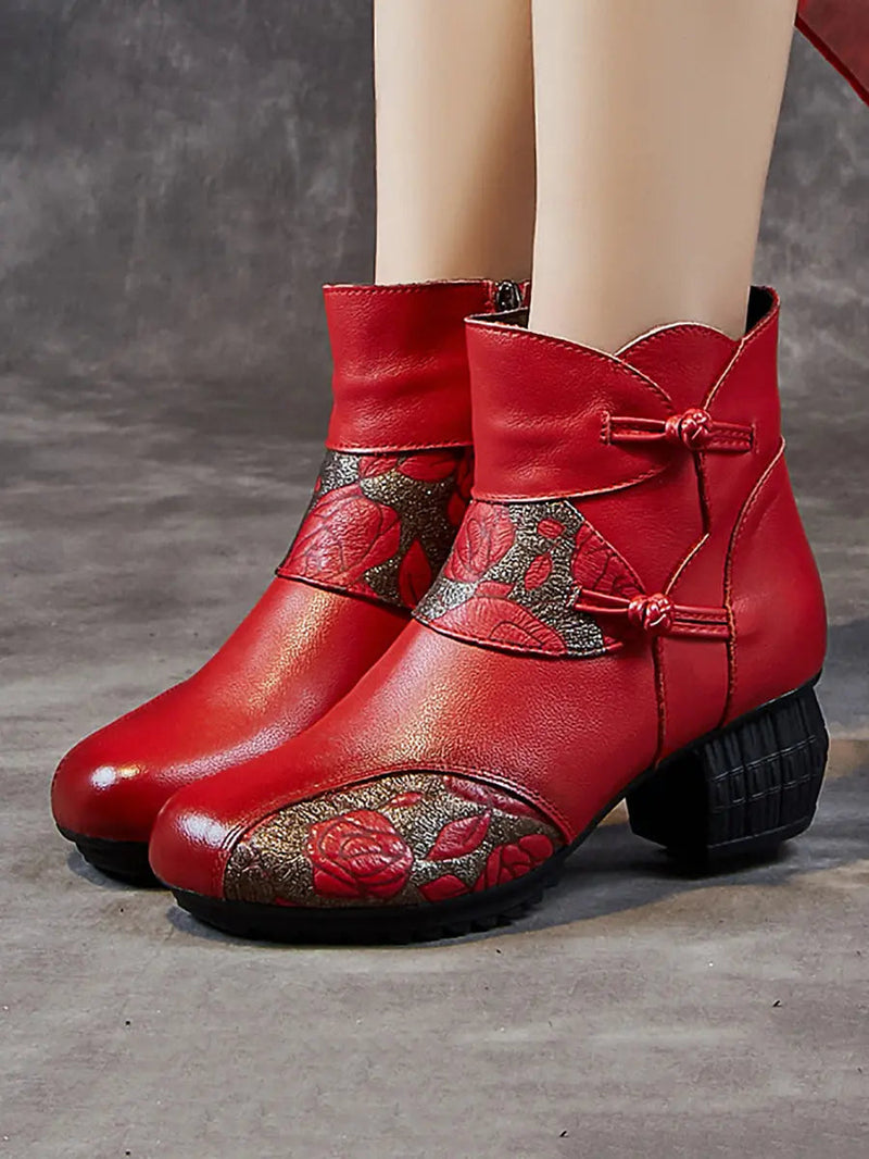 Leather Flower Spliced Ankle Boots