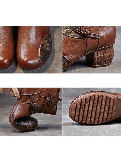 Leather Flower Spliced Ankle Boots