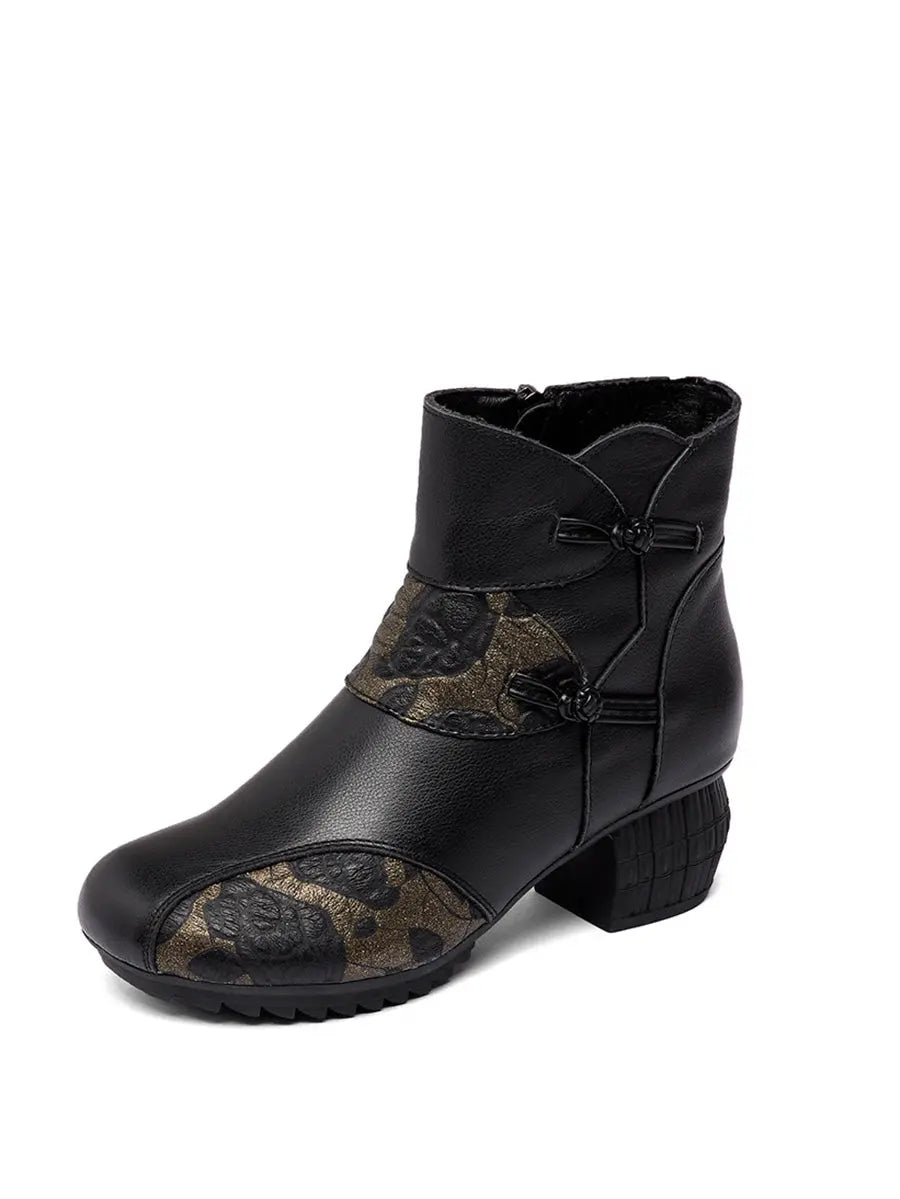 Leather Flower Spliced Ankle Boots