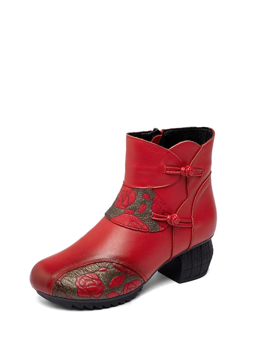 Leather Flower Spliced Ankle Boots