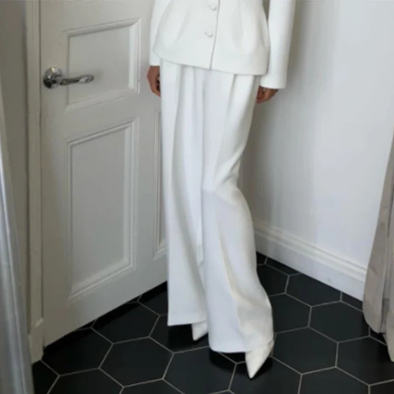 White Deep V-neck Blazer Pants Office Two Piece Set