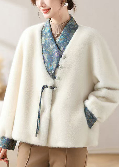 White Asymmetrical Button Mink Velvet Coat Winter Rc017