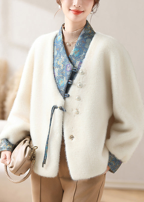 White Asymmetrical Button Mink Velvet Coat Winter Rc017