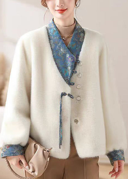 White Asymmetrical Button Mink Velvet Coat Winter Rc017