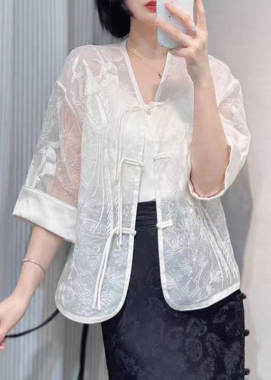 White Embroidered Button Silk Blouse Summer Qa1040