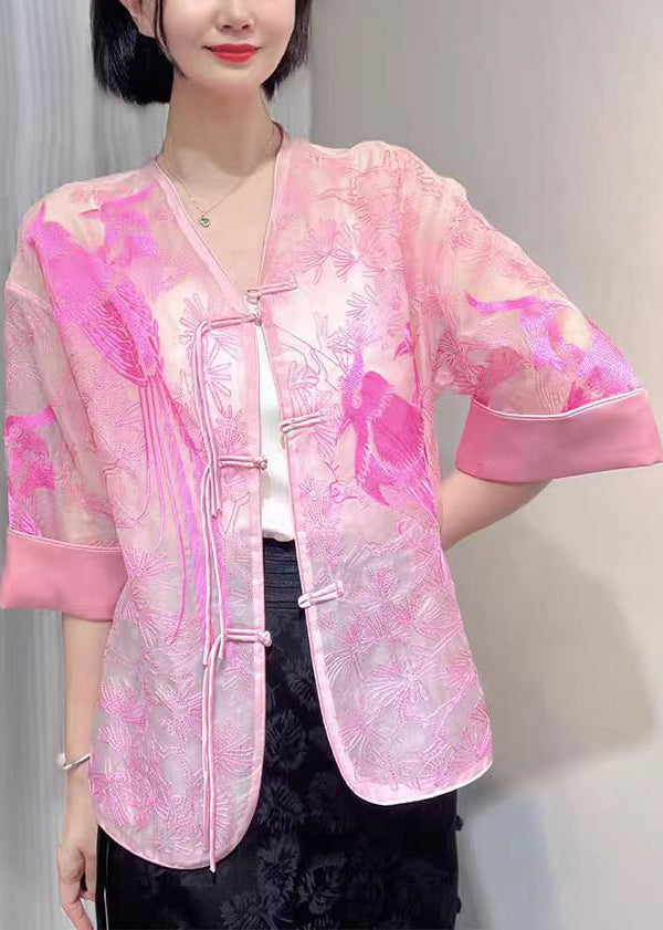 White Embroidered Button Silk Blouse Summer Qa1040