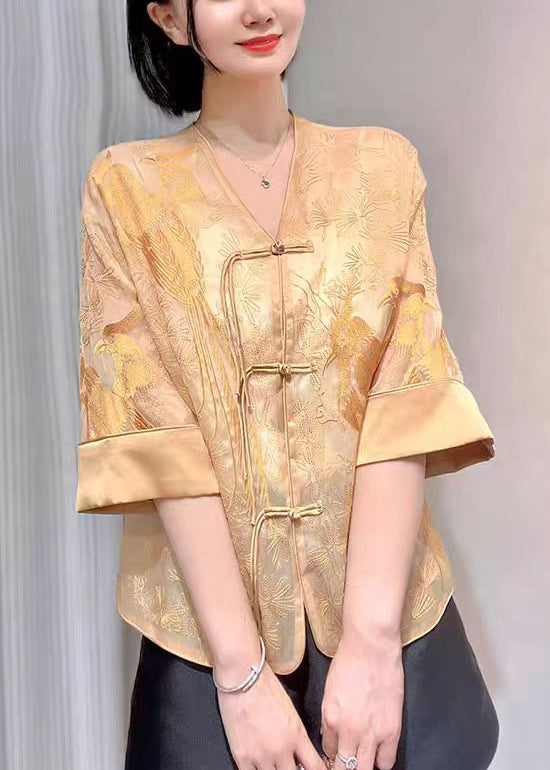 White Embroidered Button Silk Blouse Summer Qa1040