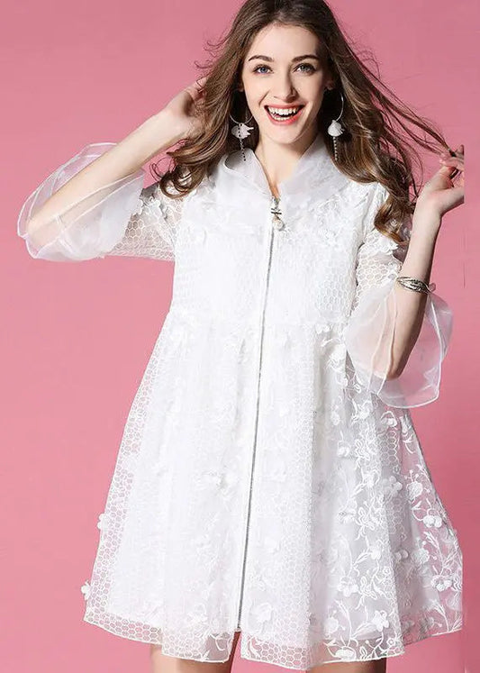 White Hooded Embroidered Tulle Mini Dresses Flare Sleeve Ha1037