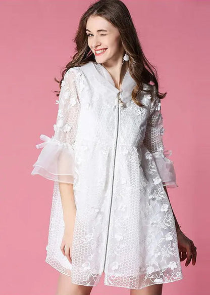 White Hooded Embroidered Tulle Mini Dresses Flare Sleeve Ha1037