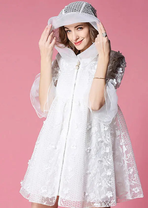 White Hooded Embroidered Tulle Mini Dresses Flare Sleeve Ha1037