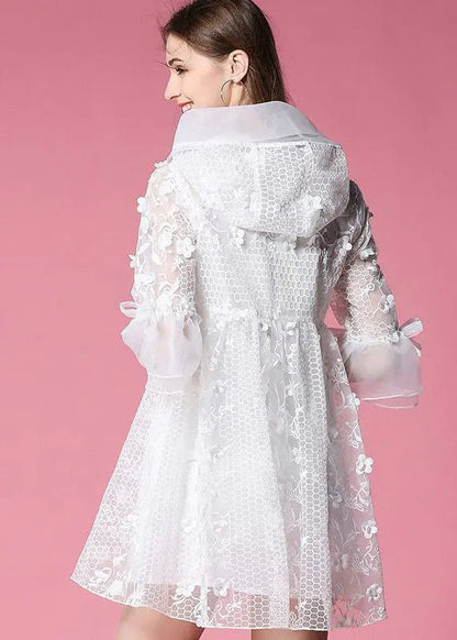 White Hooded Embroidered Tulle Mini Dresses Flare Sleeve Ha1037