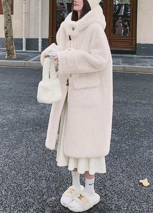 White Hooded Pockets Mink Velvet Coats Spring Yw039