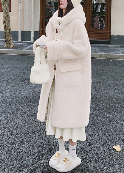 White Hooded Pockets Mink Velvet Coats Spring Yw039