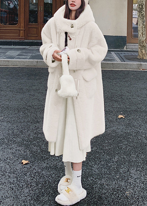 White Hooded Pockets Mink Velvet Coats Spring Yw039