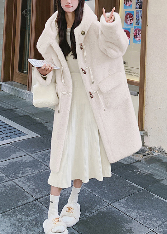 White Hooded Pockets Mink Velvet Coats Spring Yw039