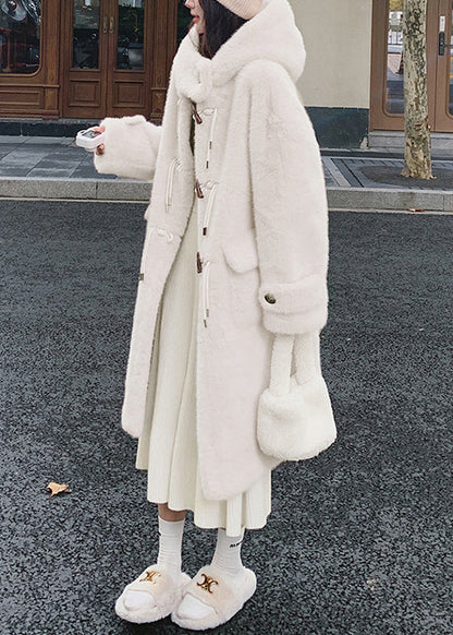 White Hooded Pockets Mink Velvet Coats Spring Yw039